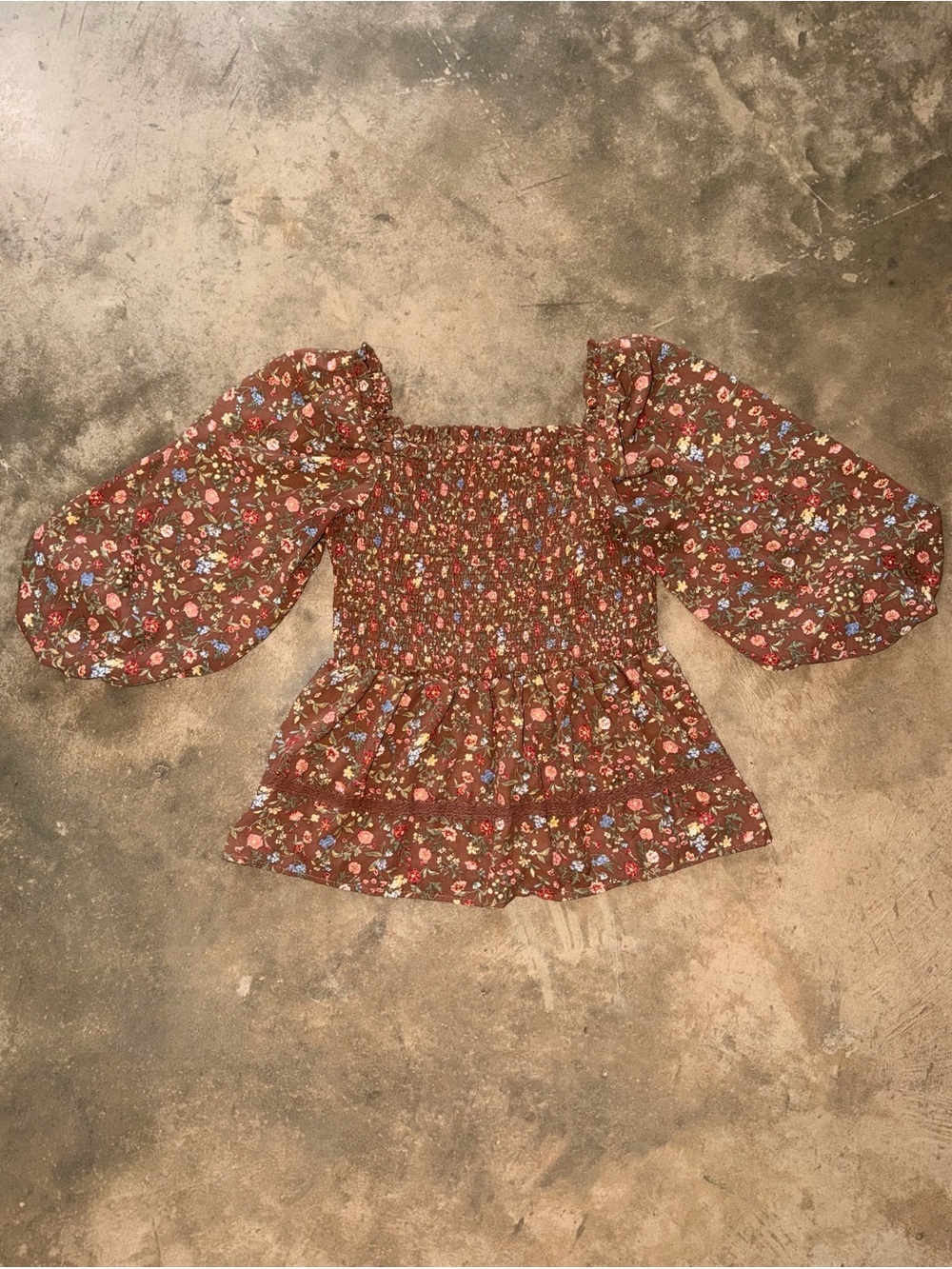 Mine Brown Floral Smocked Peasant Blouse Balloon Sleeve Cottagecore Large